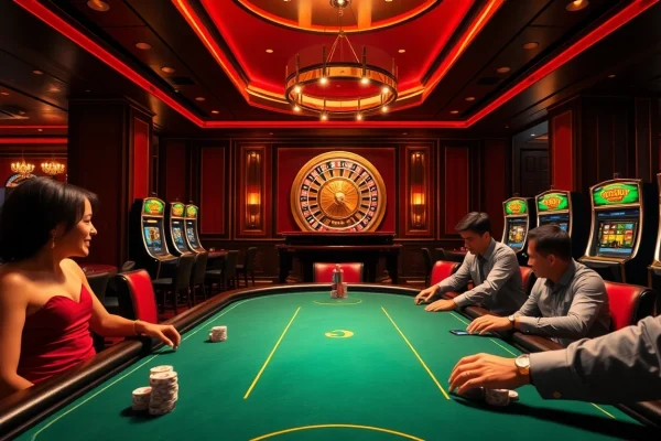 Engage with luck8 branded casino atmosphere featuring poker tables, roulette wheels, and vibrant slot machines.