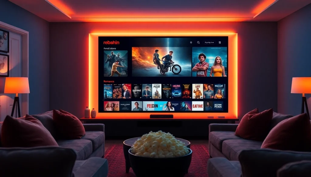 Rebahin film streaming platform showcasing diverse movie genres in a cozy living room.