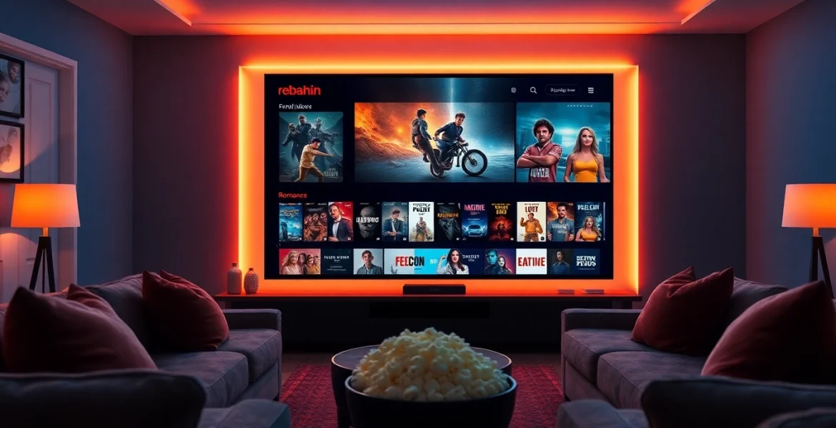Rebahin film streaming platform showcasing diverse movie genres in a cozy living room.