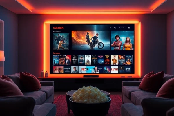 Rebahin film streaming platform showcasing diverse movie genres in a cozy living room.