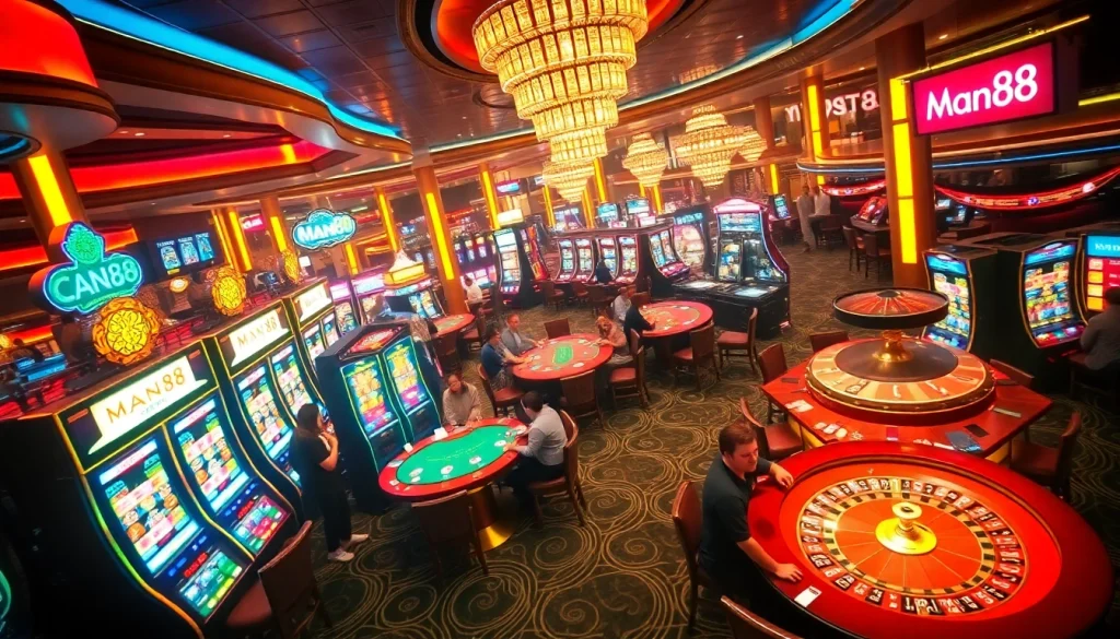 Man88 gambling scene with vibrant tables and players engaging in games of chance.