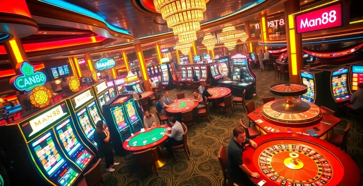 Man88 gambling scene with vibrant tables and players engaging in games of chance.