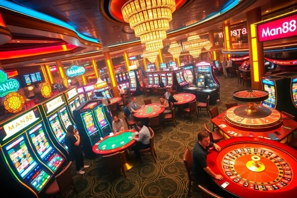 Man88 gambling scene with vibrant tables and players engaging in games of chance.