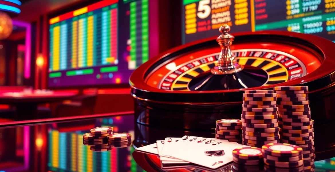 Experience thrilling play at i5bet with vibrant poker chips and a spinning roulette wheel.