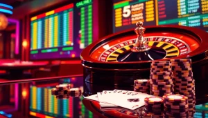 Experience thrilling play at i5bet with vibrant poker chips and a spinning roulette wheel.