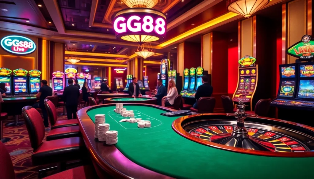GG88 casino atmosphere featuring vibrant gaming tables and an exciting roulette wheel.