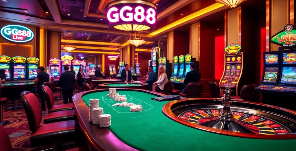GG88 casino atmosphere featuring vibrant gaming tables and an exciting roulette wheel.