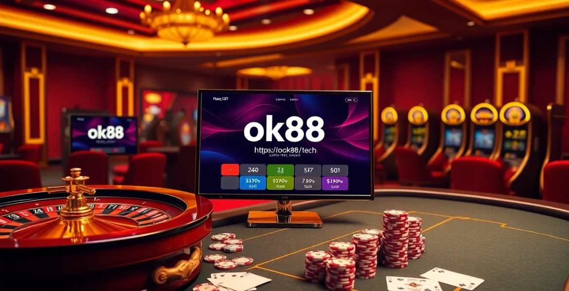 Engage with top casino games at https://ok88.tech/, featuring roulette and poker tables in a luxurious setting.
