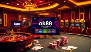 Engage with top casino games at https://ok88.tech/, featuring roulette and poker tables in a luxurious setting.