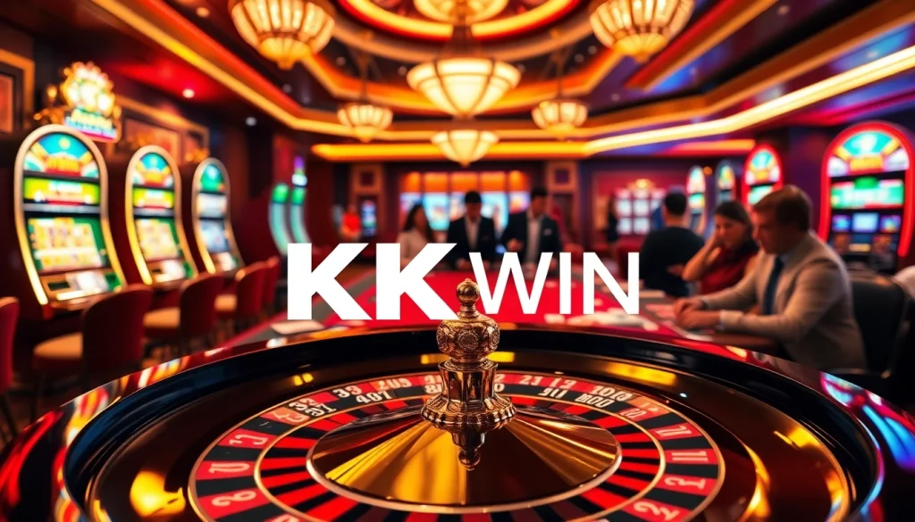 KK WIN logo shines on a luxurious roulette table with vibrant casino elements.