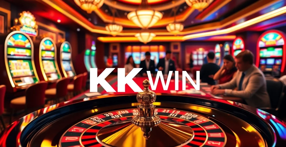 KK WIN logo shines on a luxurious roulette table with vibrant casino elements.