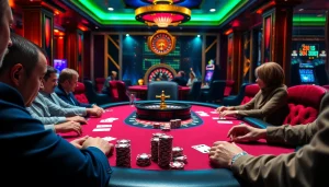 Engaging poker game scene at a luxury casino, showcasing https://8fly886.com/ thrilling atmosphere.