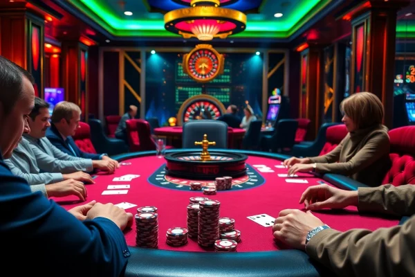 Engaging poker game scene at a luxury casino, showcasing https://8fly886.com/ thrilling atmosphere.