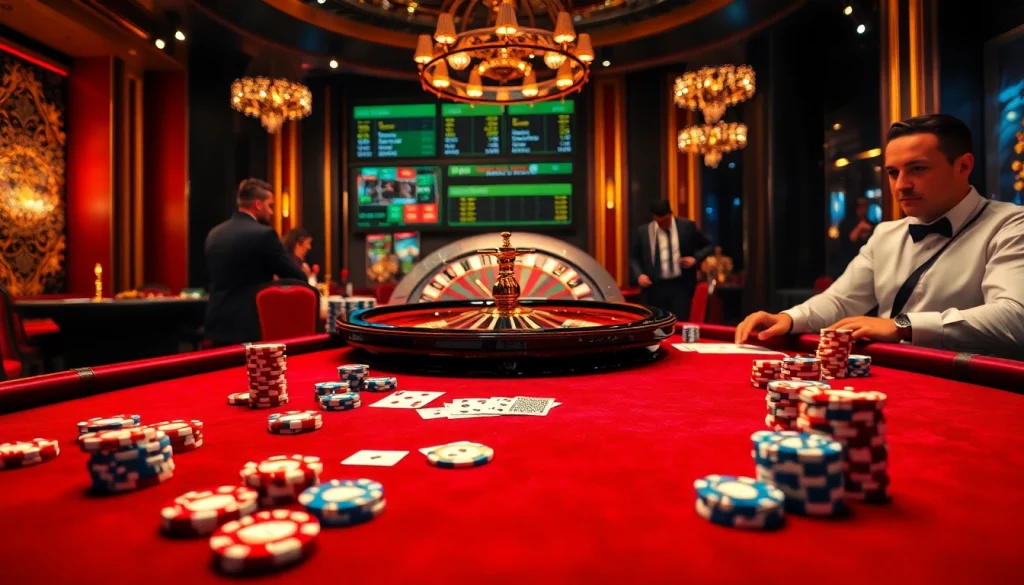 Engage in thrilling gameplay at sc88.archi's luxurious casino tables filled with vibrant poker chips and cards.