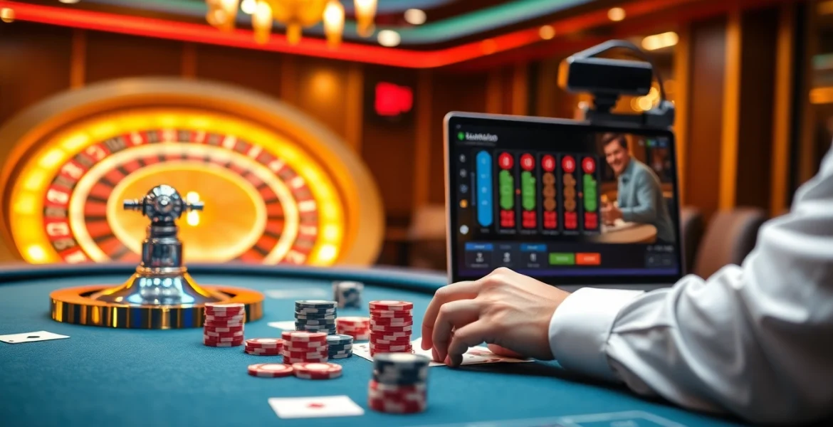 Engaging online gambling experience with https://okwin.blog showcasing poker chips, cards, and roulette.
