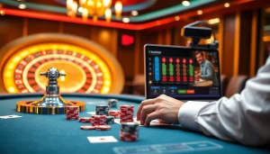 Engaging online gambling experience with https://okwin.blog showcasing poker chips, cards, and roulette.