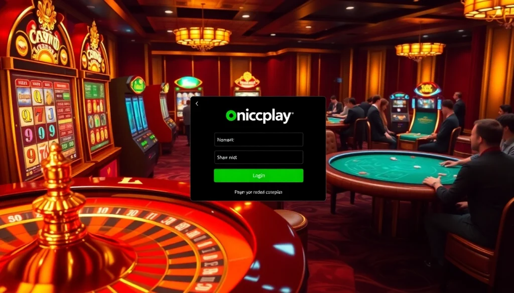 Engage in onicplay login at a vibrant online casino filled with slot machines and roulette tables.