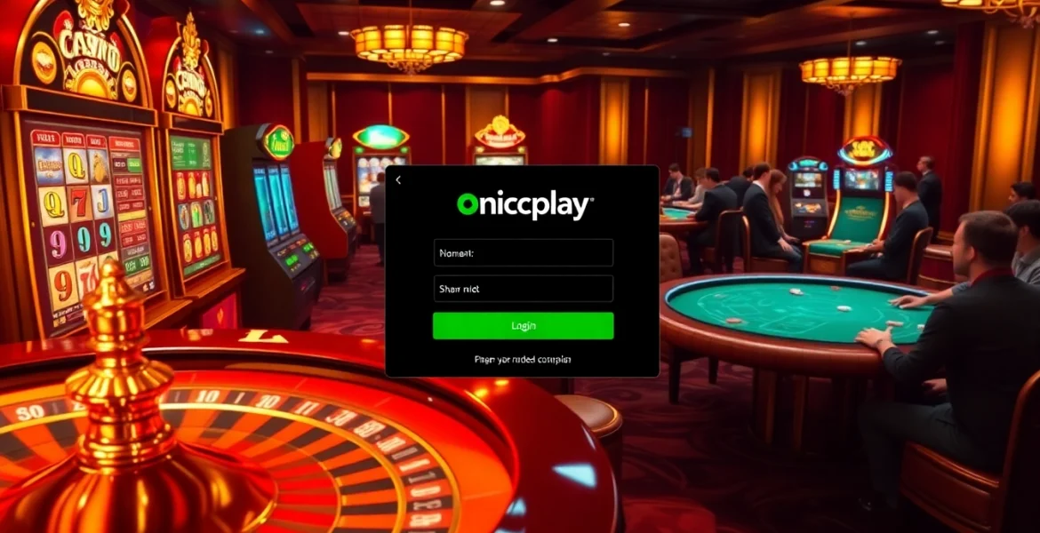 Engage in onicplay login at a vibrant online casino filled with slot machines and roulette tables.
