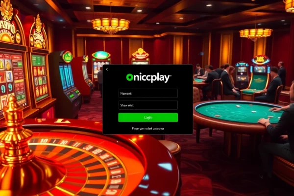 Engage in onicplay login at a vibrant online casino filled with slot machines and roulette tables.