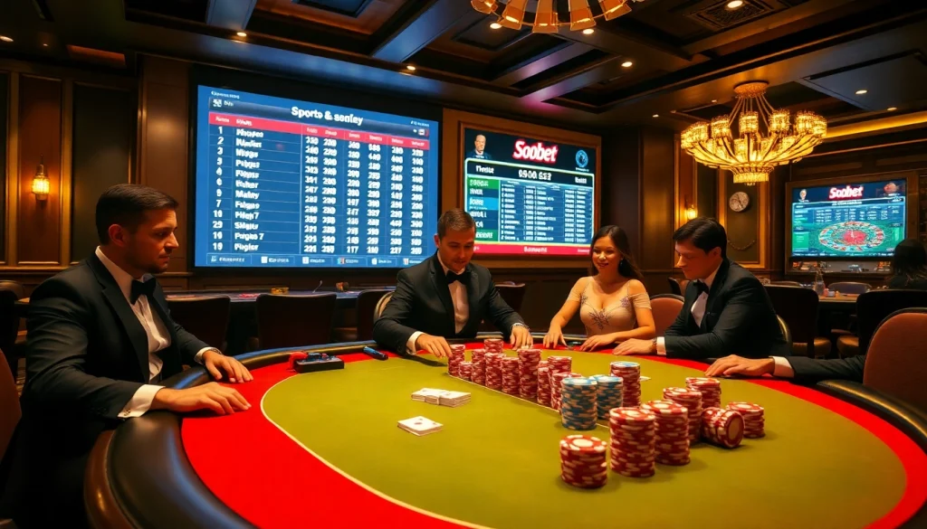 Engaging sbobet betting scene highlighting poker chips and odds display on a casino table.