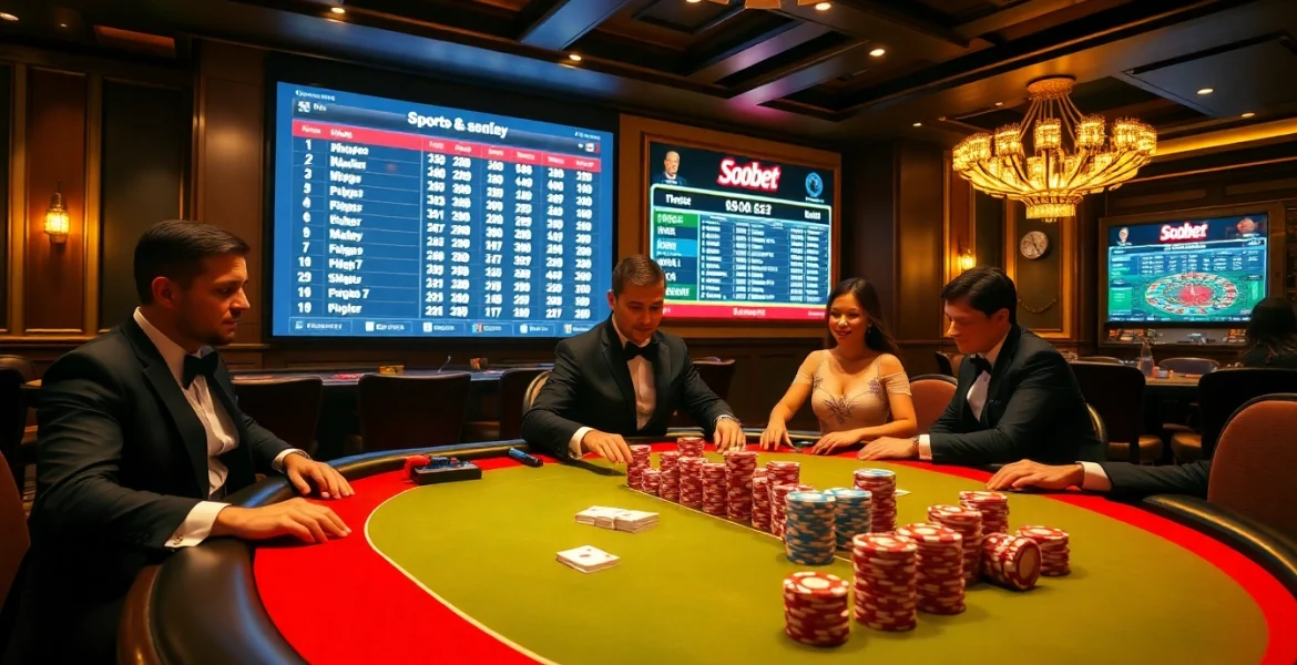 Engaging sbobet betting scene highlighting poker chips and odds display on a casino table.