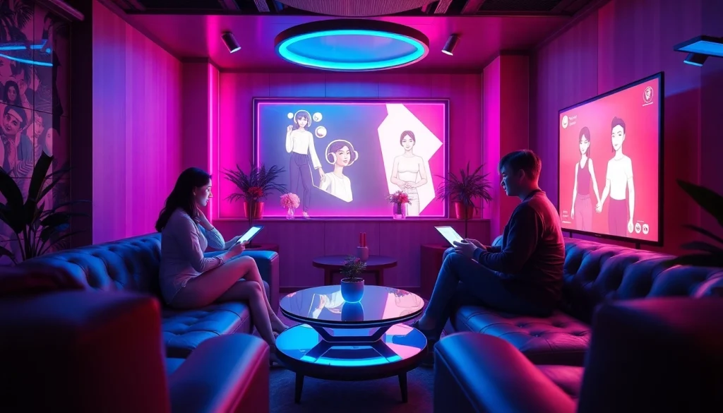 Engaging scene of nsfw ai chat interaction in a stylish virtual lounge, showcasing advanced technology and user engagement.