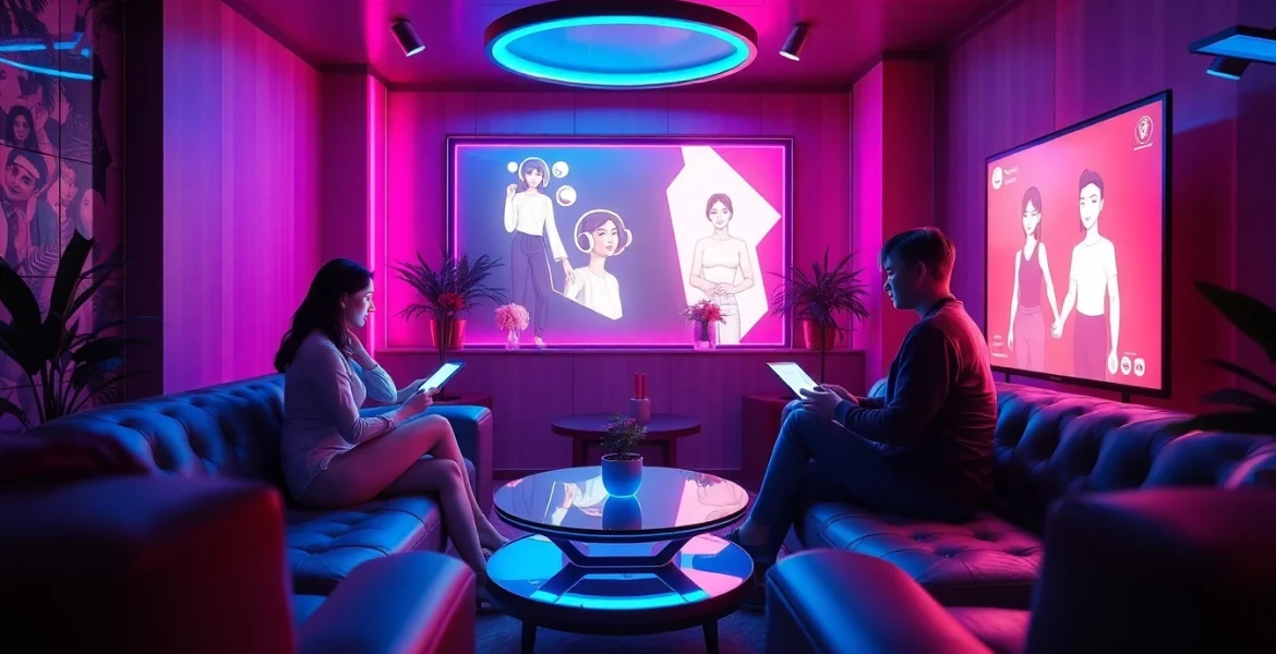 Engaging scene of nsfw ai chat interaction in a stylish virtual lounge, showcasing advanced technology and user engagement.