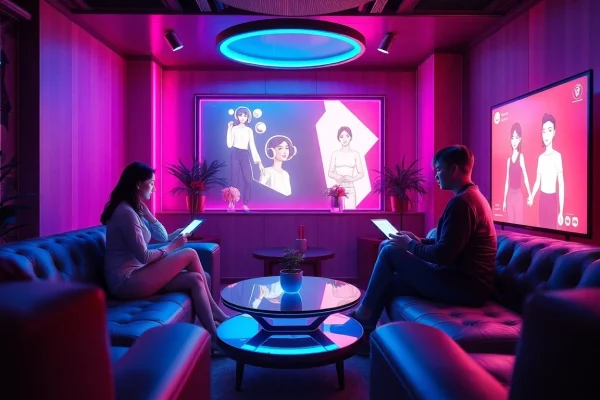 Engaging scene of nsfw ai chat interaction in a stylish virtual lounge, showcasing advanced technology and user engagement.
