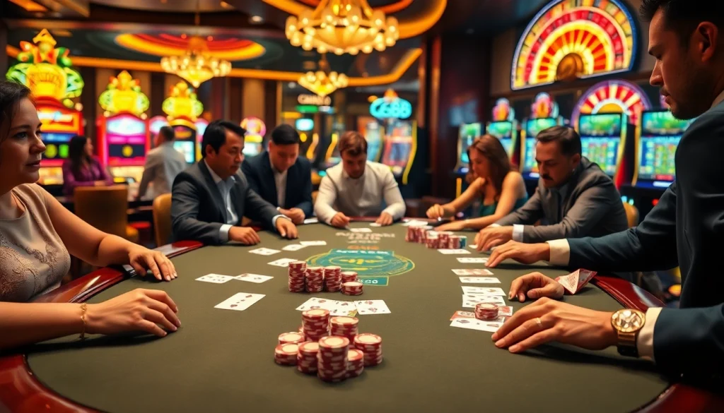 High-stakes game at GG88's luxurious casino poker table featuring chips, cards, and excitement.