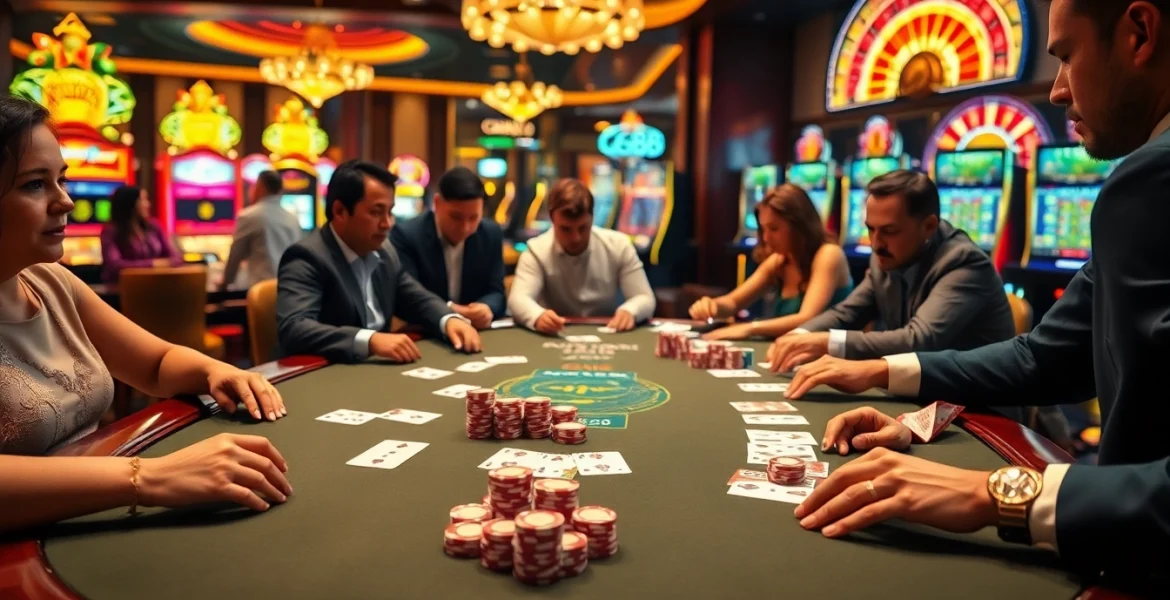 High-stakes game at GG88's luxurious casino poker table featuring chips, cards, and excitement.