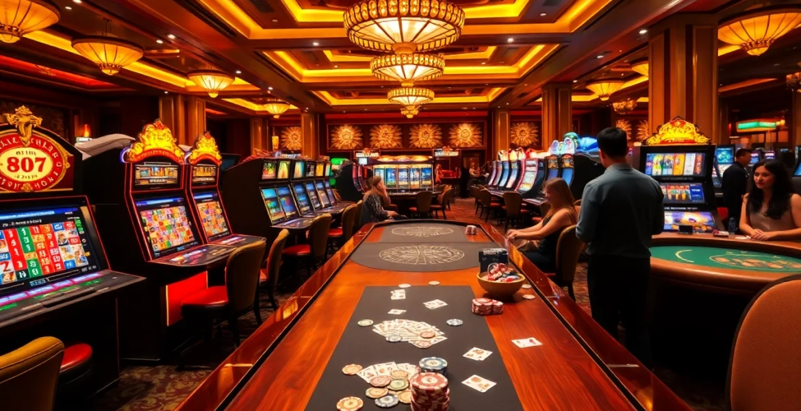 Experience the excitement at Trang Chủ OKFUN with vibrant casino tables and engaging slot machines.