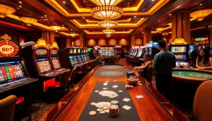 Experience the excitement at Trang Chủ OKFUN with vibrant casino tables and engaging slot machines.