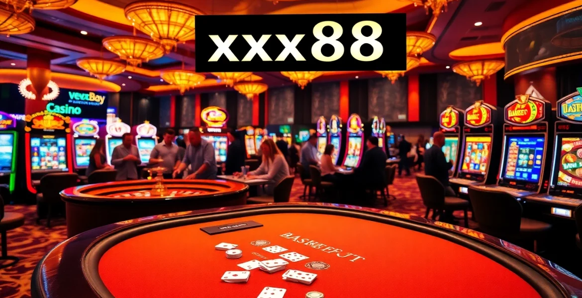 Action-packed casino atmosphere featuring xx88 games at vibrant tables and slot machines.