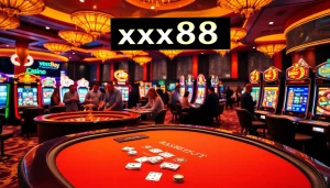 Action-packed casino atmosphere featuring xx88 games at vibrant tables and slot machines.