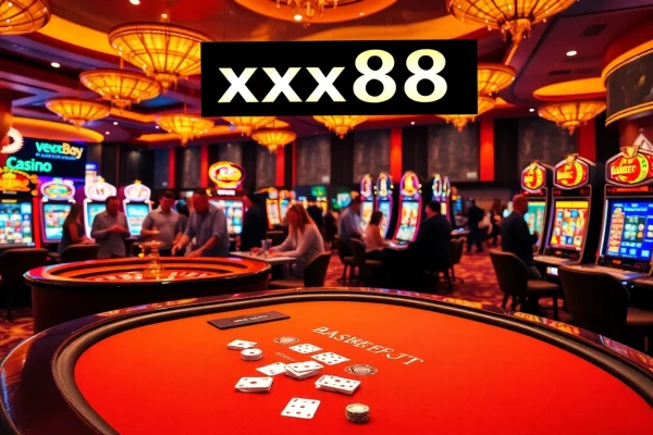 Action-packed casino atmosphere featuring xx88 games at vibrant tables and slot machines.