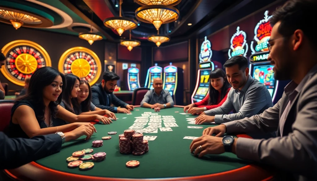 Exciting casino scene featuring Thabet poker table with vibrant chips and cards in action.