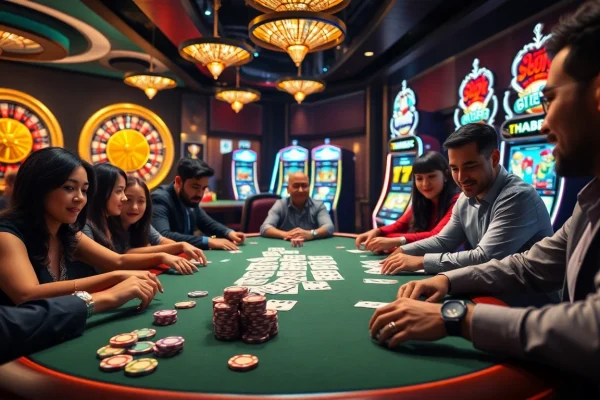 Exciting casino scene featuring Thabet poker table with vibrant chips and cards in action.
