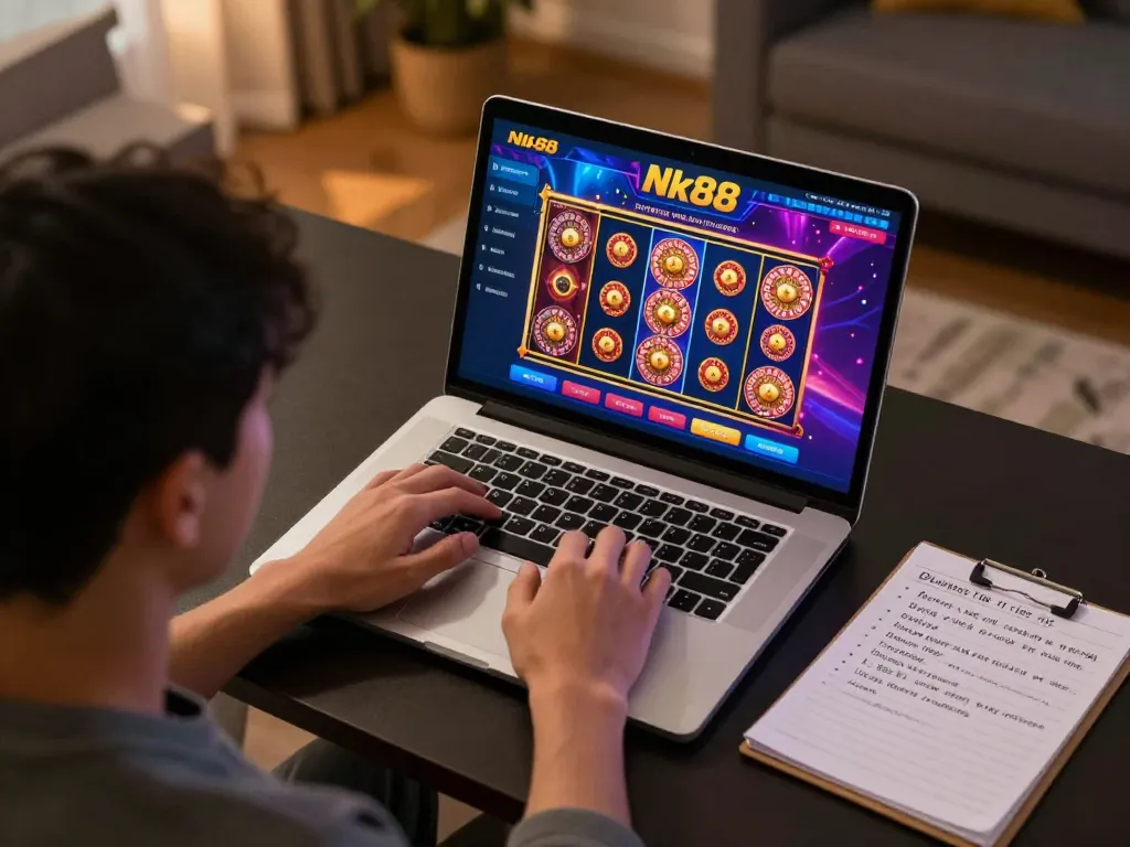Nk88 gamer actively engaging in online casino strategy at a modern home setup, showcasing vibrant gaming interface.