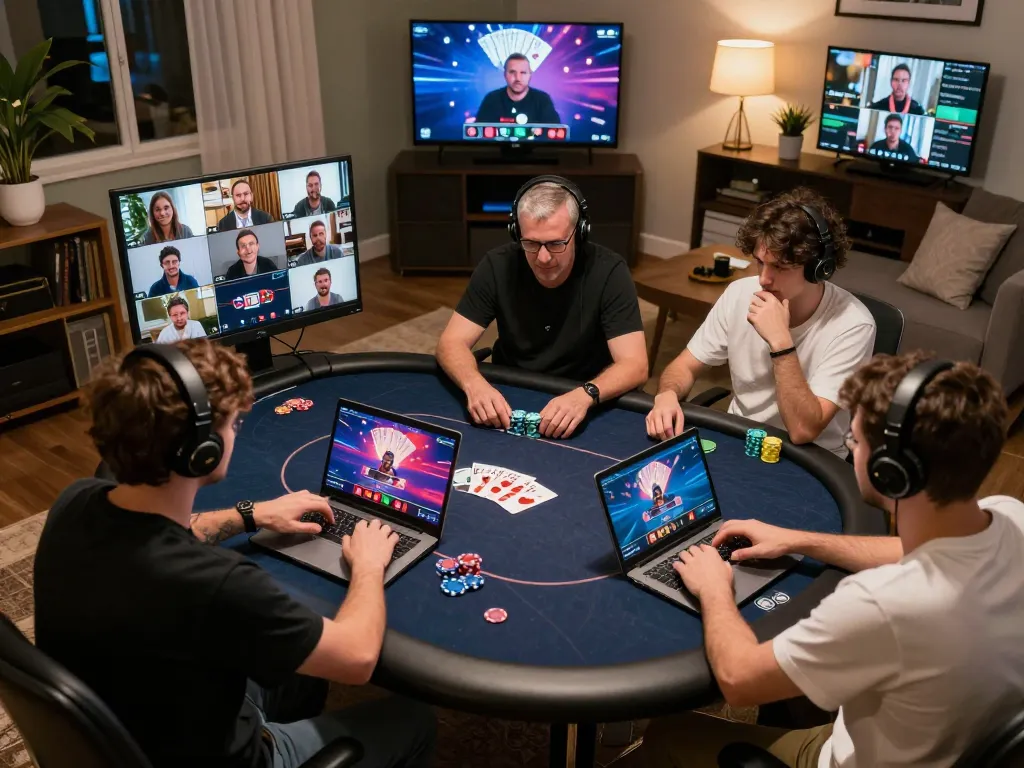 Online poker tournament scene at https://888vnd.bid/ showcasing players in cozy home setups
