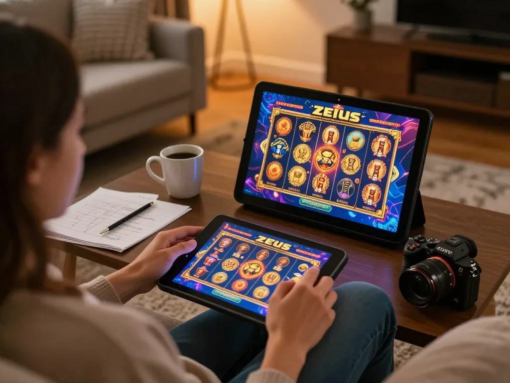 Bermain game zeus slot di tablet selama sesi permainan santai di rumah.