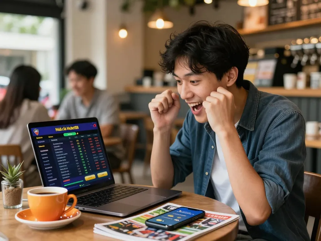 Excited user engaging with Nhà cái Hubet88 at a café, showcasing online betting.
