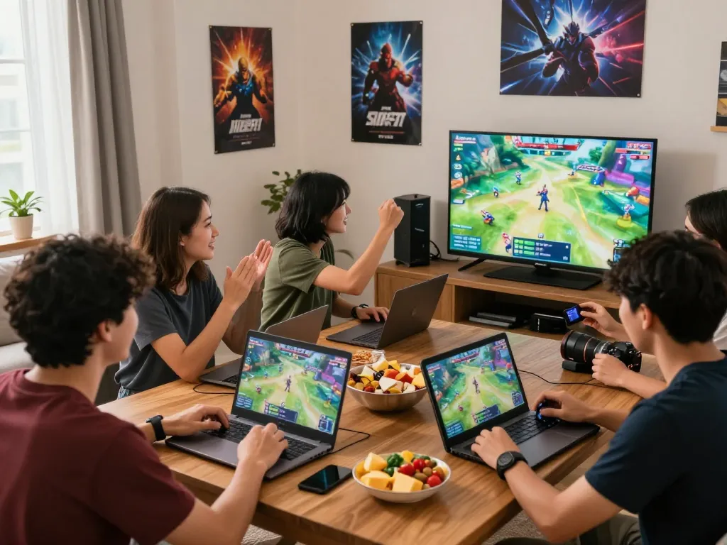Exciting gaming scene at home with friends celebrating victories on vegasslot77, surrounded by gaming devices and snacks.