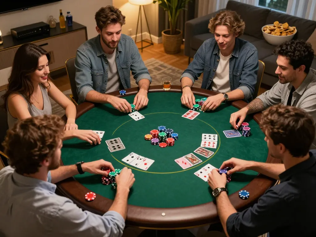 Action-packed home poker night with friends focused on gameplay and strategy, showcasing mesingg excitement around the table.