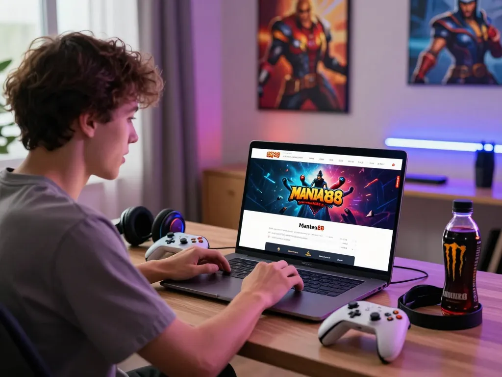 User engaging with mantra88 login on laptop, surrounded by gaming accessories and vibrant decor in a cozy online gaming setup.