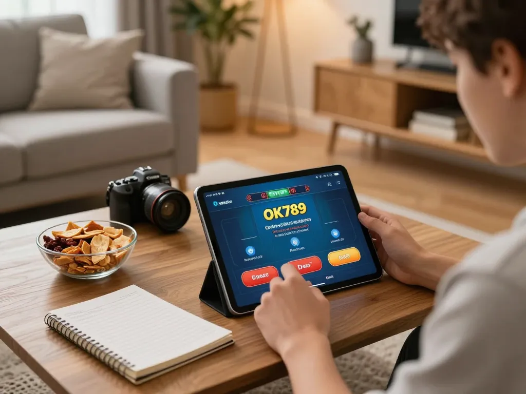 Player engaging with the OK789 betting app in a cozy home setting, showcasing mobile gambling excitement.