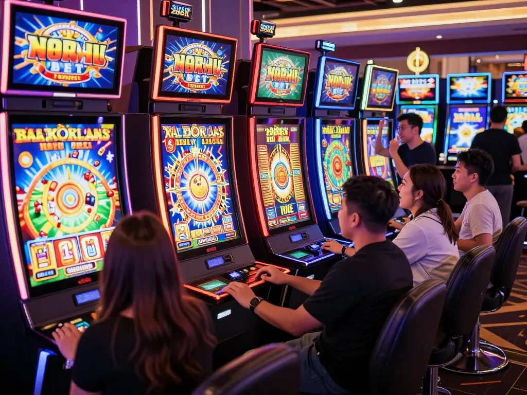 Players enjoying nổ hũ 28bet slot machines in a lively casino setting, celebrating wins.