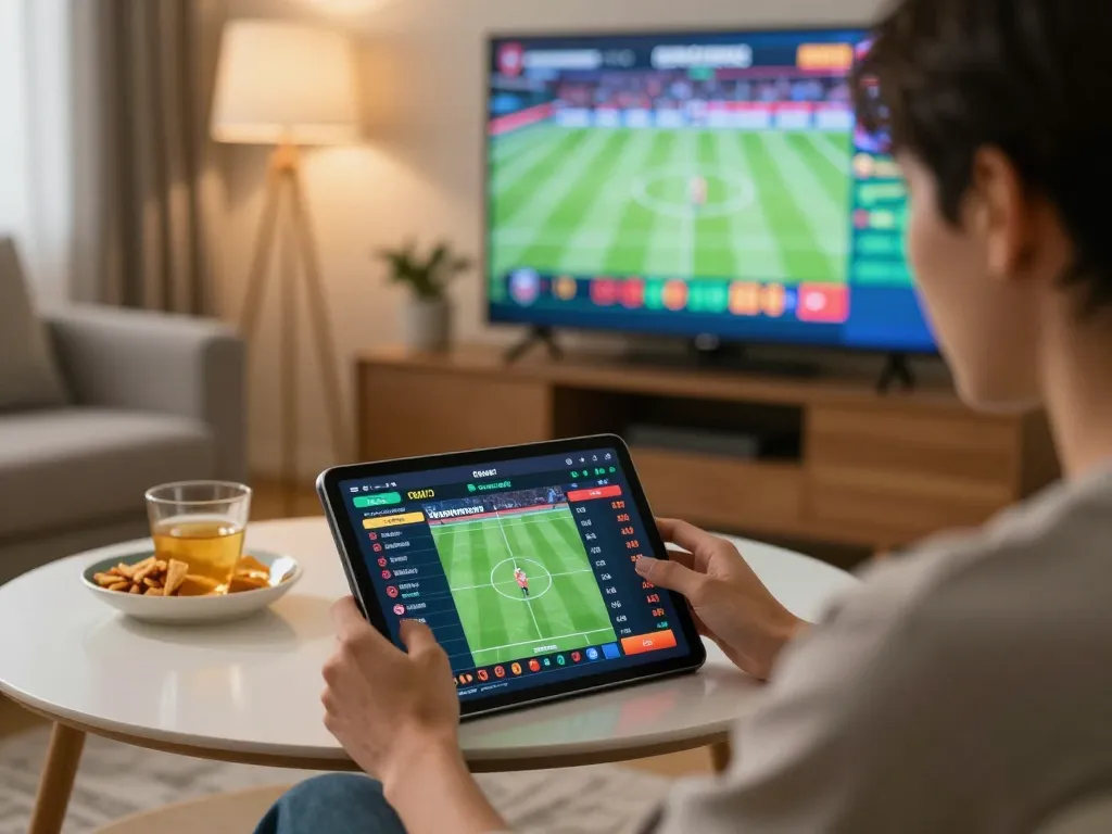 Engaged user placing bets on the BL555 sports app in a cozy home setting.