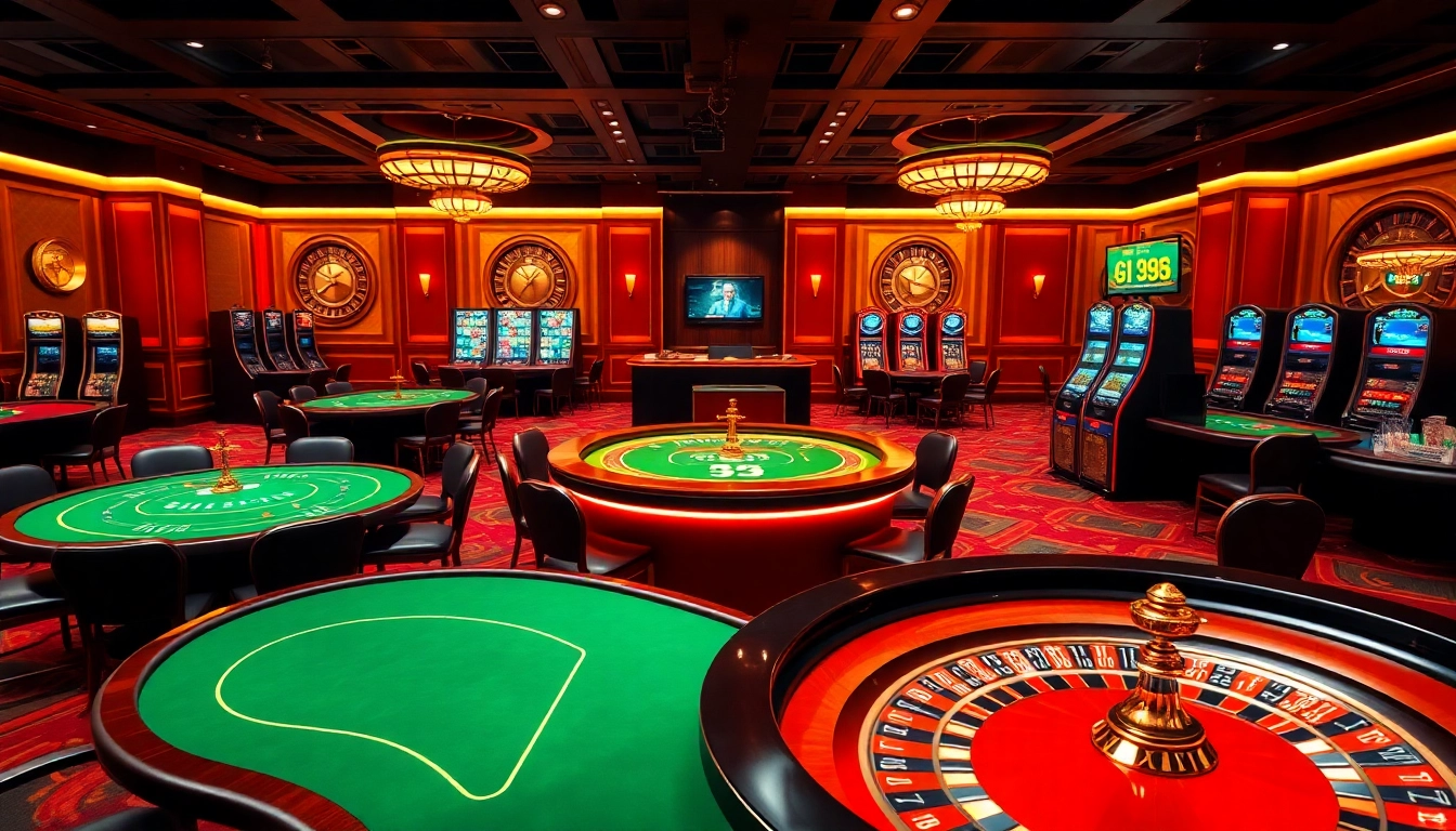 Affichage captivant d'une atmosphère de casino en ligne mettant en vedette des tables de poker et des machines à sous.