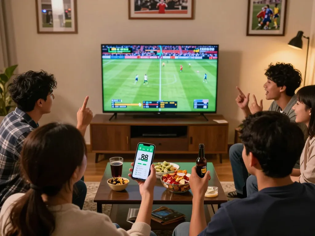 Group of friends engaging with the dh 88 betting app while watching a live sports game.