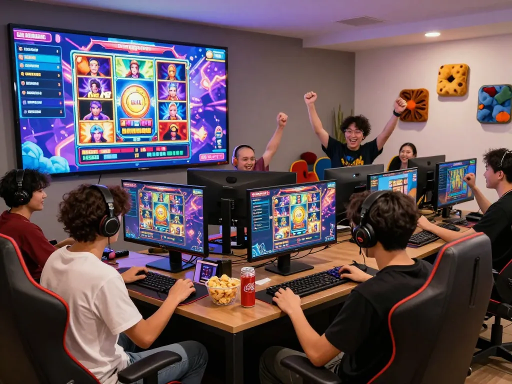 Exciting online gaming atmosphere at vegasslot77 with players celebrating wins and vibrant graphics.